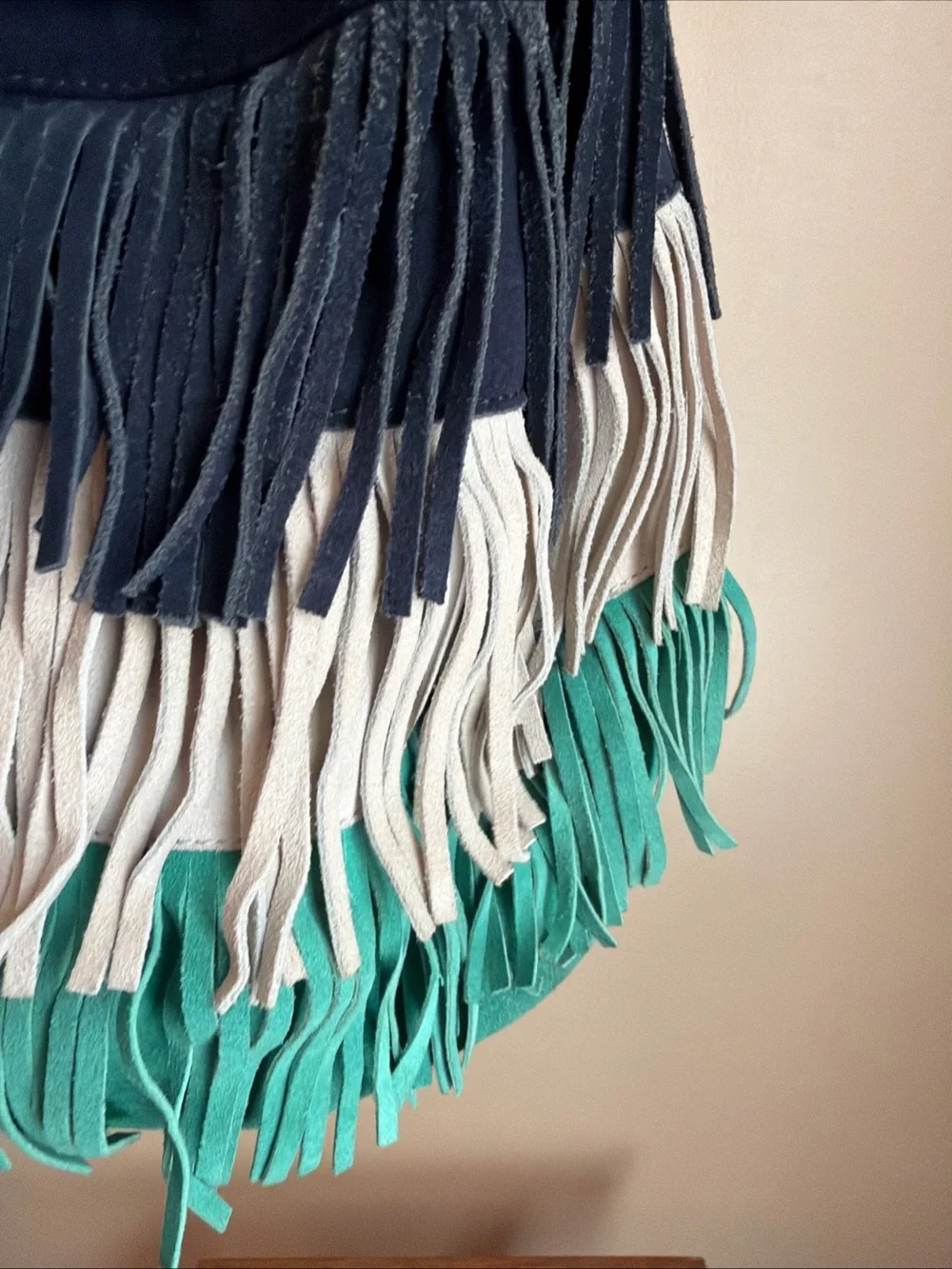 Boden Fringe leather Drawstring Bucket Bag Blue Taupe Teal Festival Western Boho
